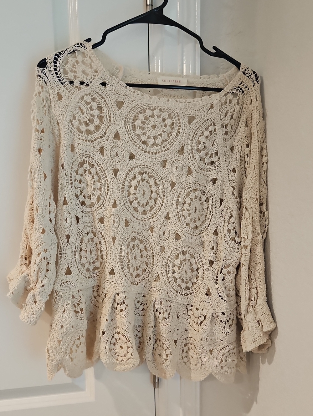 Solitaire Cream Crochet Medallion Peplum Boho Top Size Xl